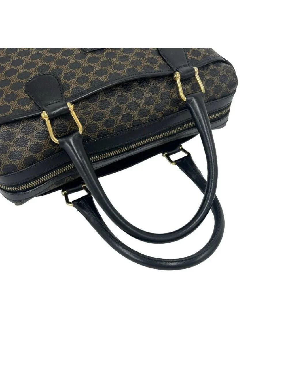 Celine Vintage Macadam Blason Pattern Logo Leather Mini Boston Bag Black